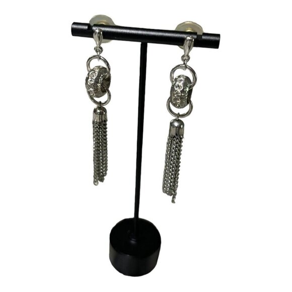 Silver Tassel And Rhinestone Dangle Drop Pierced Earrings - Picture 2 of 8